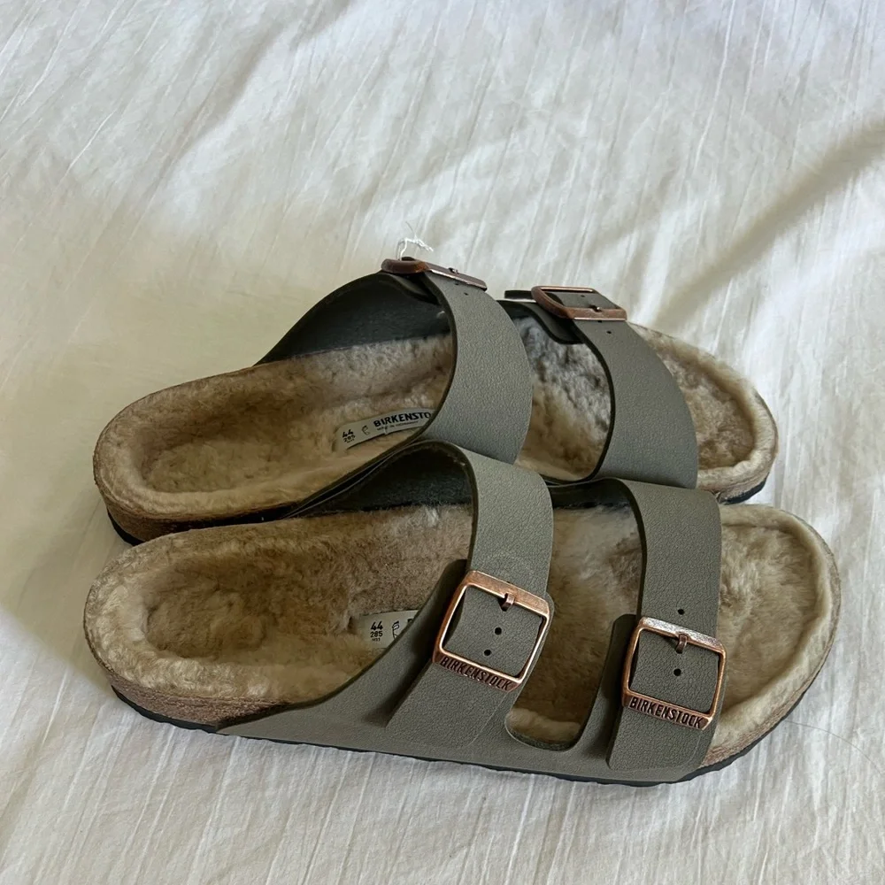 New Birkenstock Arizona shearling sandals mens 11 11.5 eu 44 taupe suede